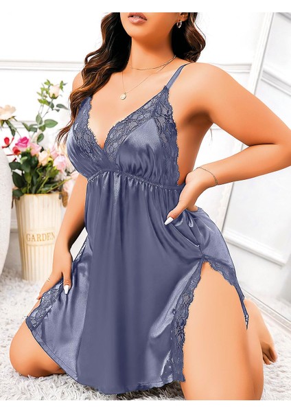 Arias Closet Büyük Beden Lacivert Dantel Işlemeli Ince Askılı Saten Fantezi Gecelik