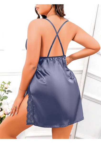 Arias Closet Büyük Beden Lacivert Dantel Işlemeli Ince Askılı Saten Fantezi Gecelik fiyatları