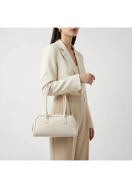 Yatay Formlu Çift Saplı Omuz Çantası - Krem modelleri
