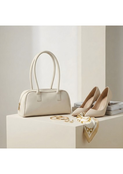 Yatay Formlu Çift Saplı Omuz Çantası - Krem fırsatları