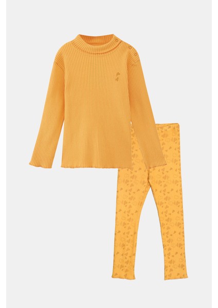 Kadmium Sarı Kalp Baskılı Kız Çocuk Kaşkorse Alt Üst Takım