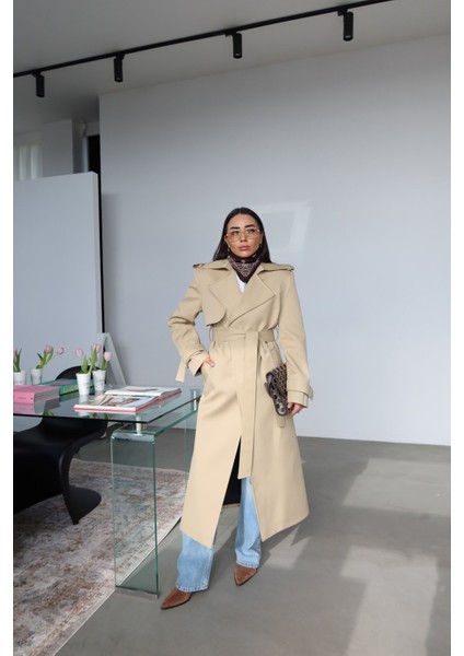 Kruvaze Yaka Kendinden Kuşaklı Premium Trenç