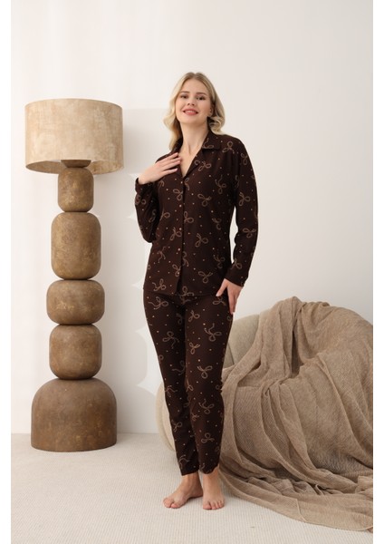 02281 Bayan Süet Düğmeli Pijama Takımı--Koyu Kahve--