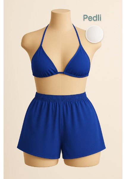 Kadın Mavi Şortlu Belden ve Boyundan Bağlamalı Bikini Takımı
