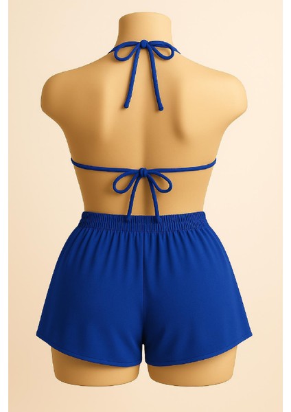 Kadın Mavi Şortlu Belden ve Boyundan Bağlamalı Bikini Takımı fiyatları