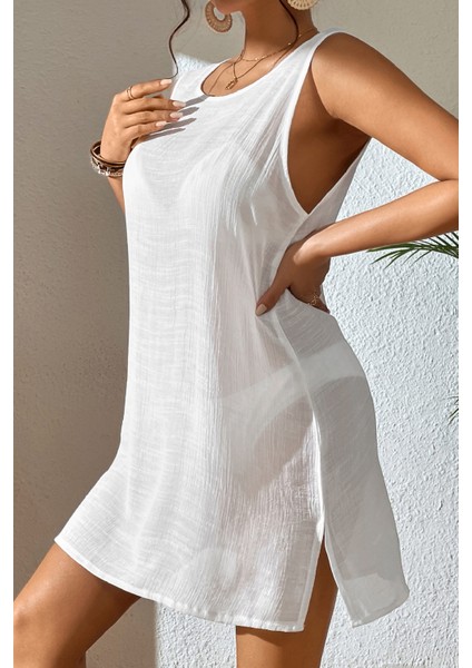 Kadın Beyaz Sırt Detaylı Yırtmaçlı Plaj Elbisesi Pareo fırsatları