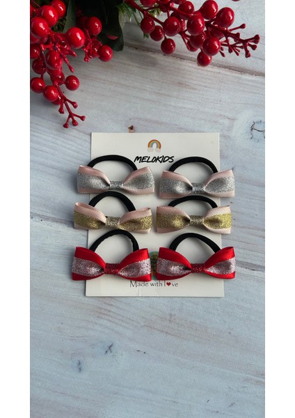 Yılbaşı Tokası Desenli Simli Kurdele Mini Boy Lastikli Toka Seti 6lı