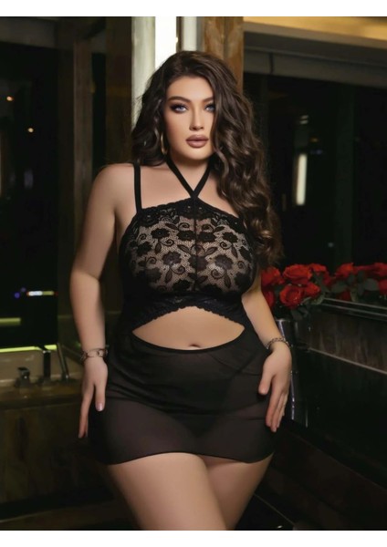 Arias Closet Siyah Dantel Işlemeli Göğüs Dekolteli Boyundan Bağlamalı Fantezi String Tül Gec modelleri