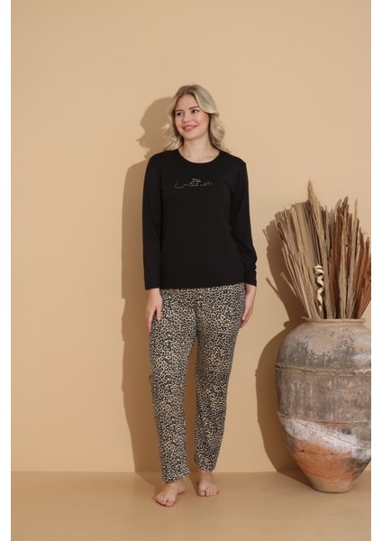 0104 Milan Bayan Uzun Kol Pijama Takımı--Siyah--