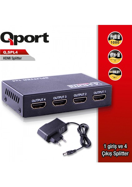 Qport Full Hd 1 Gırıs 4 Cıkıs HDMI Splıtter (Sınyal Cogaltıcı) (Q-Spl4)