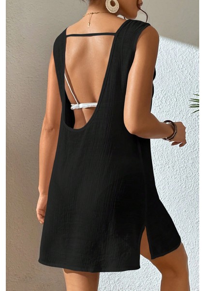 Kadın Siyah Sırt Detaylı Yırtmaçlı Plaj Elbisesi Pareo