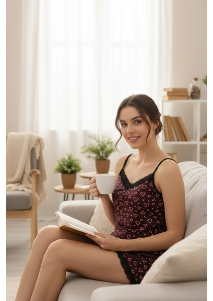 Kadın Mor Kalp Desenli Askılı Şortlu Dantelli Pijama Takımı indirimleri