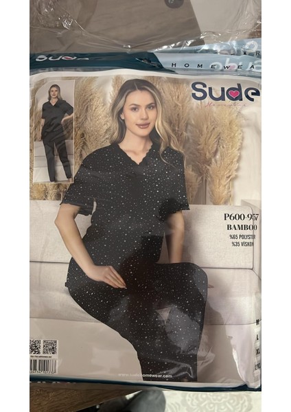 P600-957 Bambo %65 Polyster Bayan Pijama Takımı--Siyah--