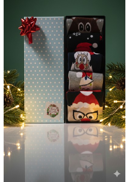 5'li Christmas Noel Temalı Unisex Yılbaşı Çorabı Kutusu