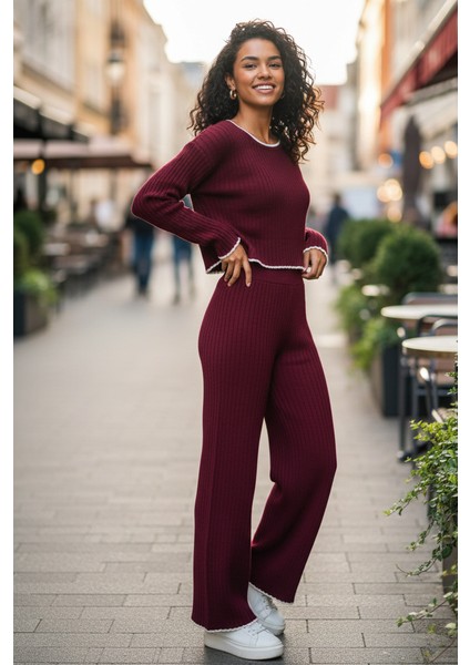 Kadın Bisiklet Yaka Çoban Dikişli Örgü Crop Kazak Pantolon Triko