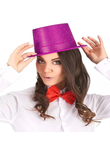 Fuşya Pembe Renk Parıltılı Simli Fötr Silindir Parti Şapkası