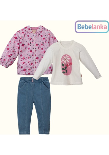 Kız Çocuk Çiçek Desenli Kapüşonlu Yağmurluk Bluz Jean Pantolon 3'lü Takım