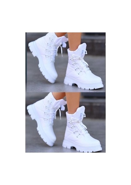 KP02 Beyaz Paraşüt Detaylı Kışlık Kadın Kar Botu