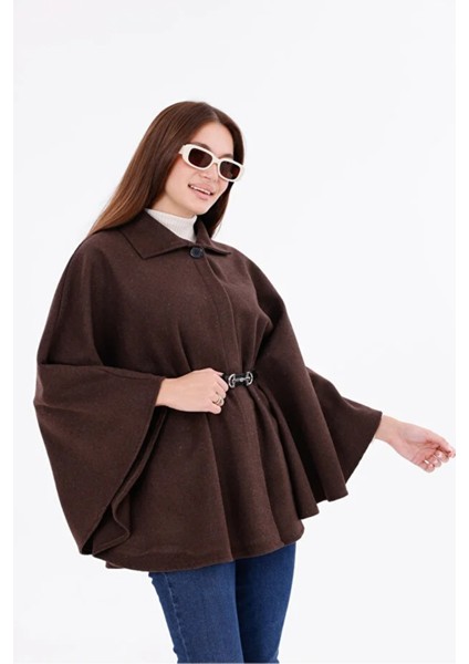 Kadın Kahverengi Kemer Detaylı Kaşe Panço Oversize fiyatları