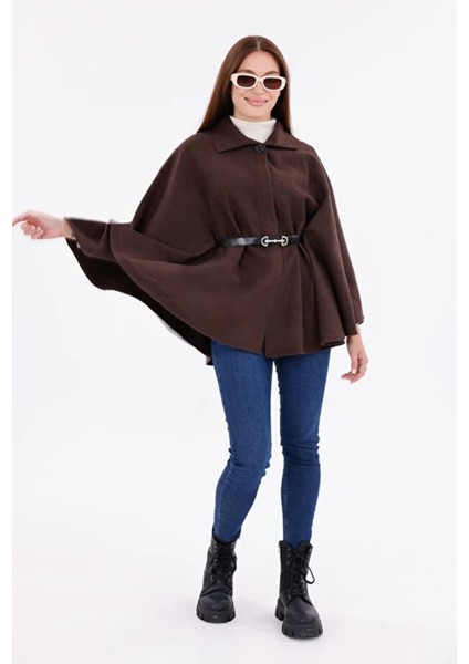 Kadın Kahverengi Kemer Detaylı Kaşe Panço Oversize fırsatları