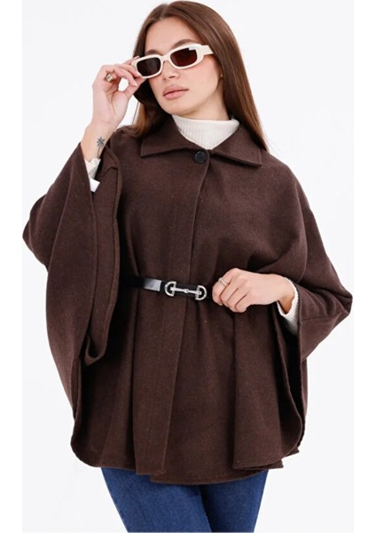Kadın Kahverengi Kemer Detaylı Kaşe Panço Oversize
