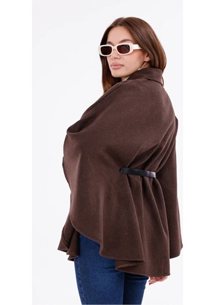 Kadın Kahverengi Kemer Detaylı Kaşe Panço Oversize