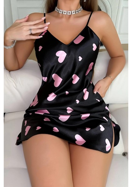 Pembe Kalp Desenli Siyah Saten Gecelik - BI001V-4YVZ61 modelleri