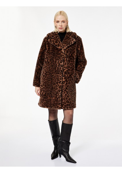 Suni Kürk Kaban Leopar Desenli Uzun Kollu Cepli