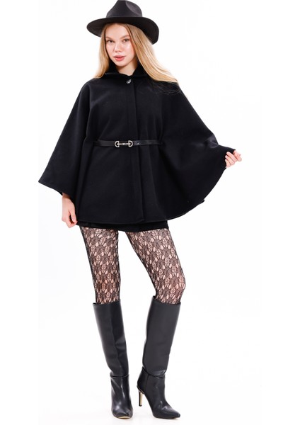 Siyah Kadın Kemerli Kaşe Panço – Günlük ve Şık Kombinlere Uygun Kışlık Panço modelleri