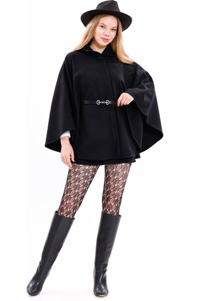 Siyah Kadın Kemerli Kaşe Panço – Günlük ve Şık Kombinlere Uygun Kışlık Panço fırsatları