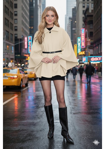 Prilika Bej Zarif Kadın Kemerli Kaşe Panço – 2025 Kışlık Premium Yeni Sezon Modeli