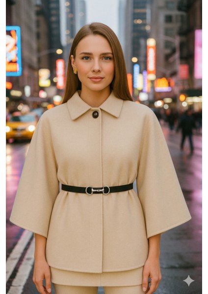 Prilika Bej Zarif Kadın Kemerli Kaşe Panço – 2025 Kışlık Premium Yeni Sezon Modeli indirimleri