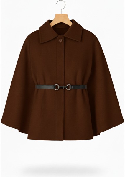 Prilika 2025 Kadın Kaşe Panço – Kemerli Modern Kahverengi Sezon Trendi