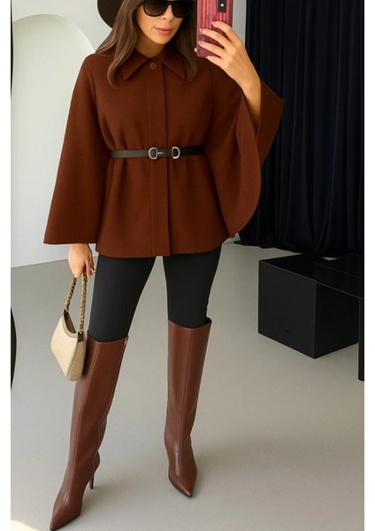 Prilika 2025 Kadın Kaşe Panço – Kemerli Modern Kahverengi Sezon Trendi fırsatları