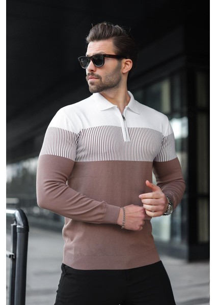 Kahverengi Fermuar Yaka Renk Bloklu Uzun Kollu Kazak 7262