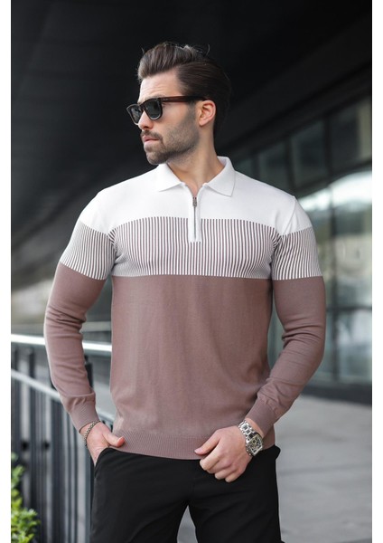 Kahverengi Fermuar Yaka Renk Bloklu Uzun Kollu Kazak 7262 fiyatları