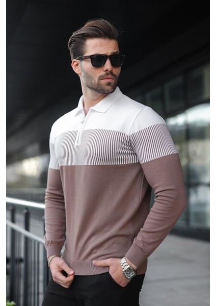 Kahverengi Fermuar Yaka Renk Bloklu Uzun Kollu Kazak 7262 modelleri