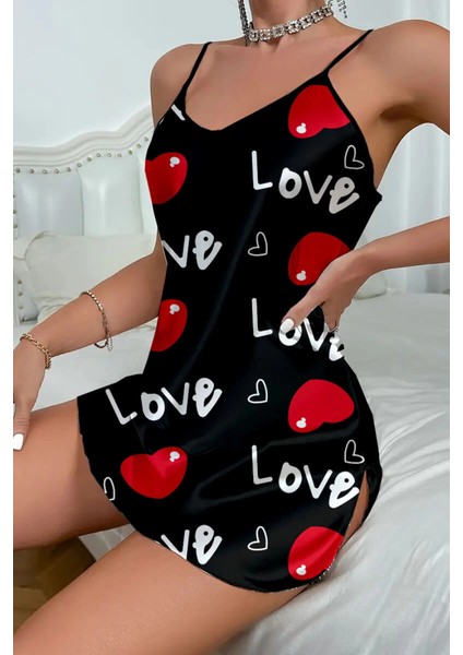 Love Desenli Siyah Saten Gecelik - NJ001P-4I9E47 modelleri