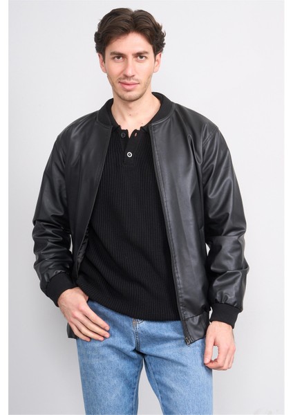 7287 Erkek Triko Yaka Deri Mont Siyah