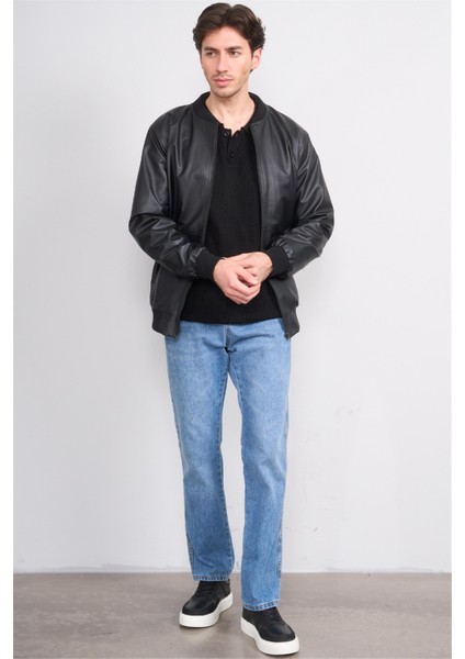 7287 Erkek Triko Yaka Deri Mont Siyah modelleri