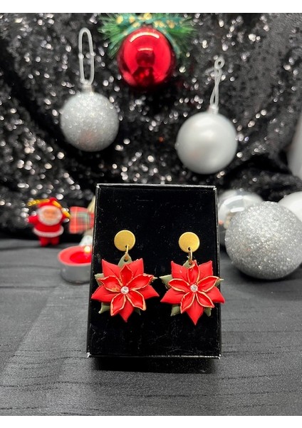 Yılbaşı Çiçeği El Yapımı Polimer Kil Küpe | Kırmızı Kış Yıldızı Tasarım