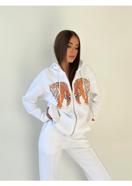 Kapüşonu Astarlı Baskılı Fermuarlı Sweat Ekru modelleri