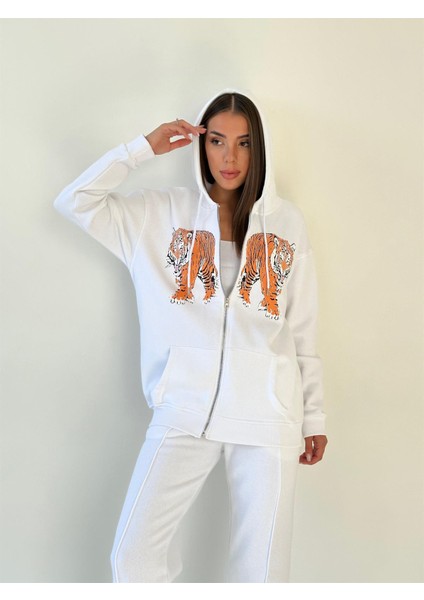 Kapüşonu Astarlı Baskılı Fermuarlı Sweat Ekru fırsatları