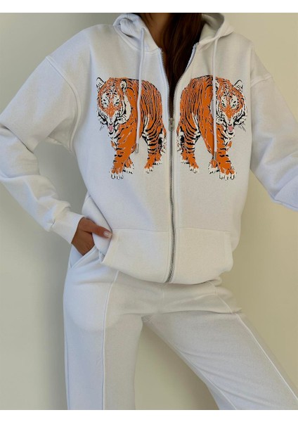 Kapüşonu Astarlı Baskılı Fermuarlı Sweat Ekru indirimleri