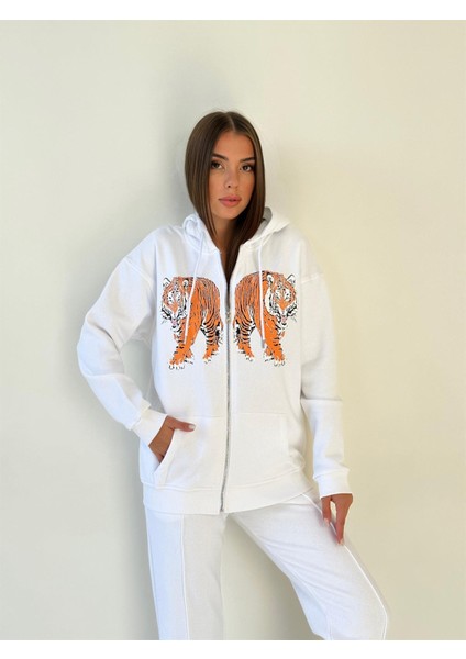 Kapüşonu Astarlı Baskılı Fermuarlı Sweat Ekru