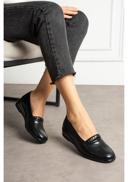 Kadın Siyah Hakiki Deri Klasik Ayakkabı Ortopedik Anne Ayakkabısı Anne Babet Topuklu Günlük Ayakkabı