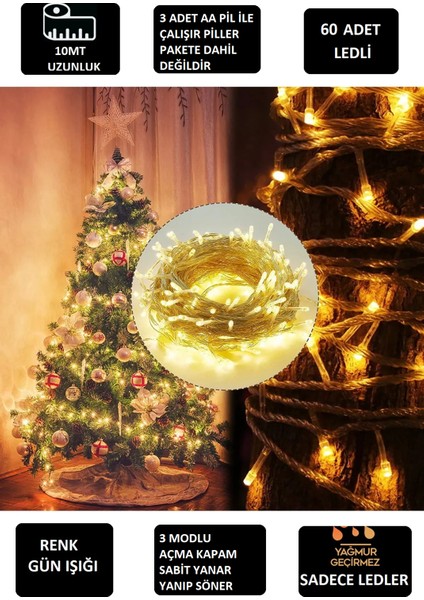 Yılbaşı Ağacı 10 mt 3 Pilli Gün Işığı LED 3 Fonksiyonlu