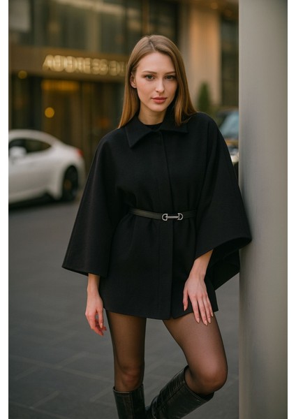 Kadın Siyah Şık Kaşe Panço Kemerli Premium Model modelleri
