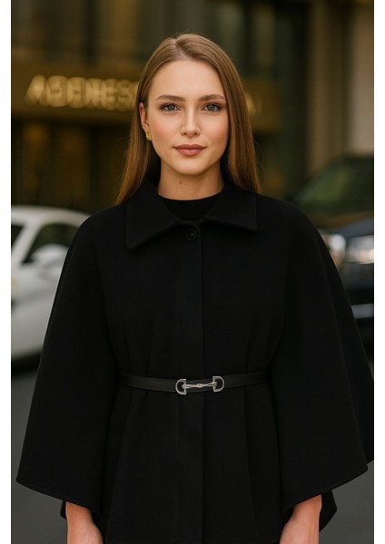 Kadın Siyah Şık Kaşe Panço Kemerli Premium Model fırsatları