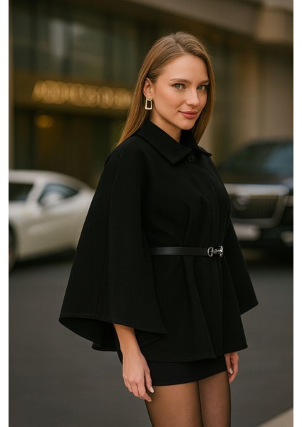 Kadın Siyah Şık Kaşe Panço Kemerli Premium Model indirimleri